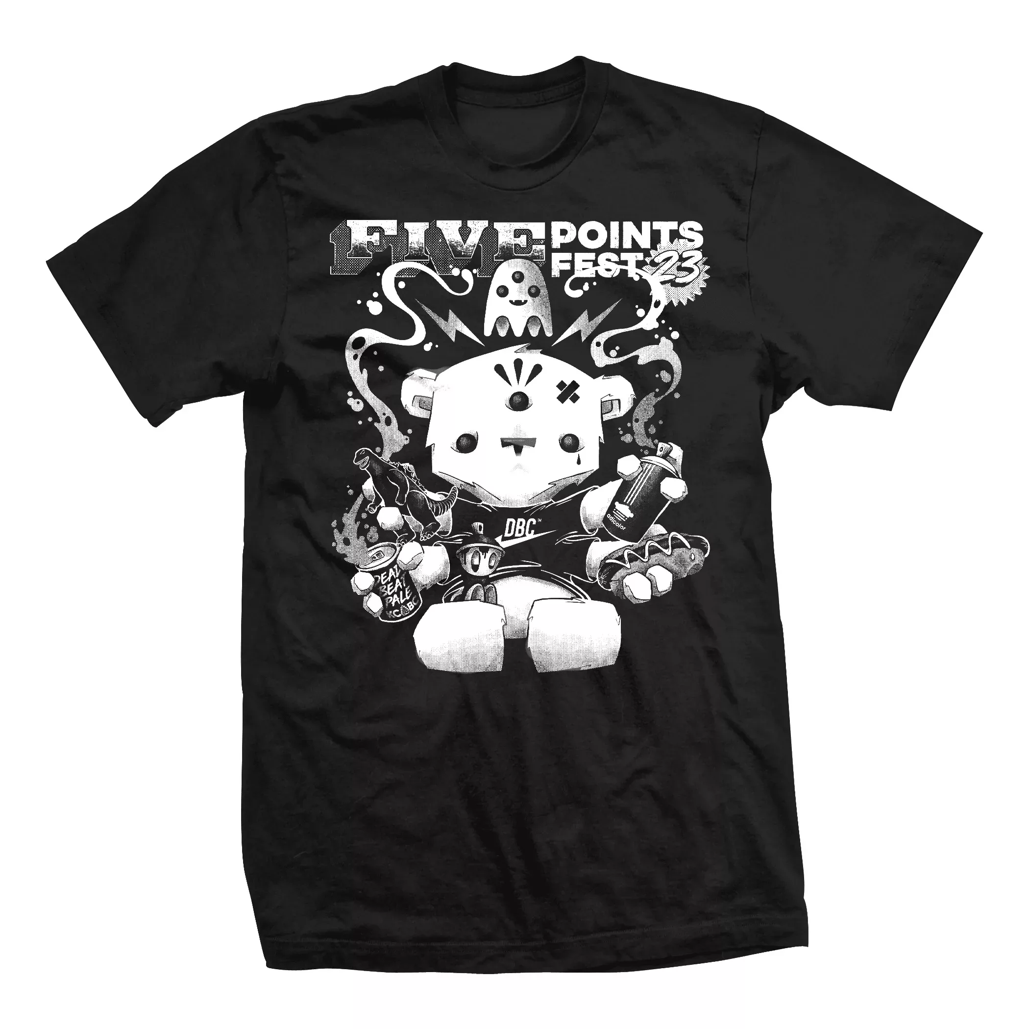 Black Shirt with Text Five Points and a Dunny character holding weapon